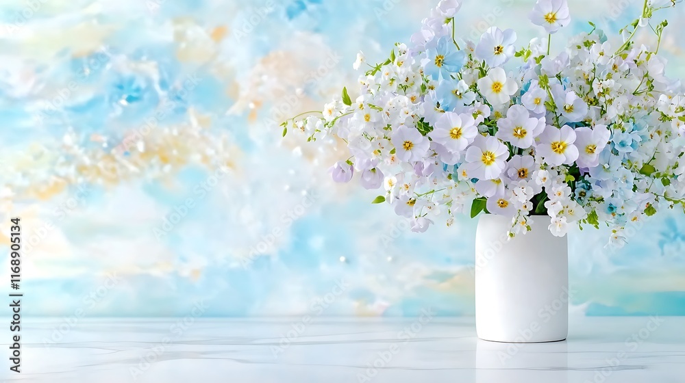 Fototapeta premium Spring Bouquet of White and Blue Flowers in Vase