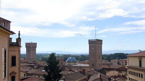 View of Lucca medieval historic center with ancient towers and belfries photo