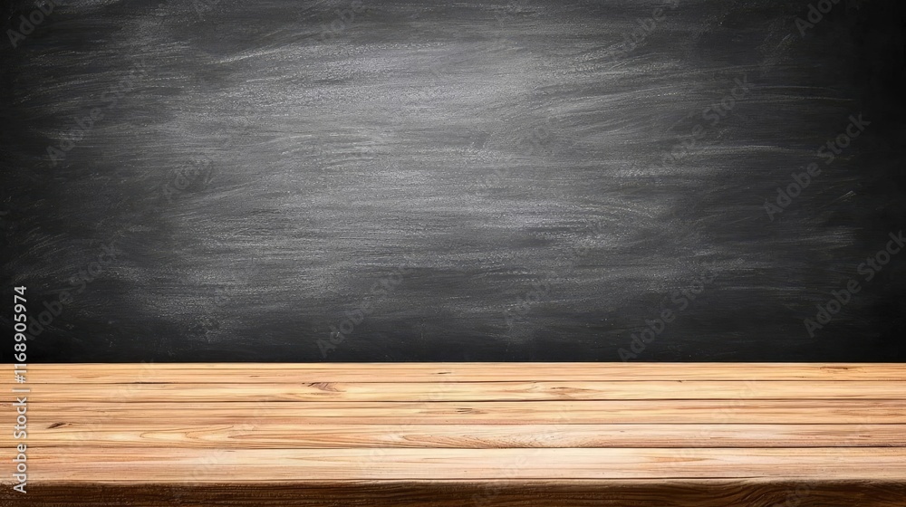 Chalkboard abstract background concept. A blank chalkboard with a wooden table, perfect for presentations and creative ideas.