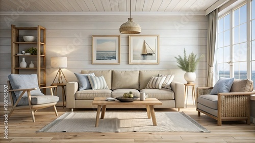 Coastal minimalism: muted palettes, natural light, nautical accents, tranquil atmosphere. photo