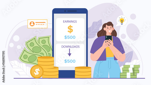 A creative depiction of earning opportunities through mobile platforms, featuring apps, coins, and innovative icon elements.