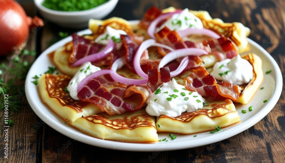 Delicious Flammkuchen with Bacon, Onion, and Creamy Toppings on a Rustic Wooden Table Delicious Flammkuchen with Bacon, Onion, and Creamy Toppings on a Rustic Wooden Table