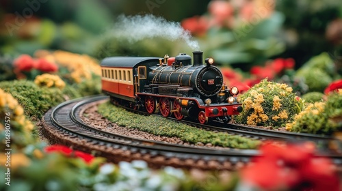 Miniature steam train on model railway in garden setting. photo