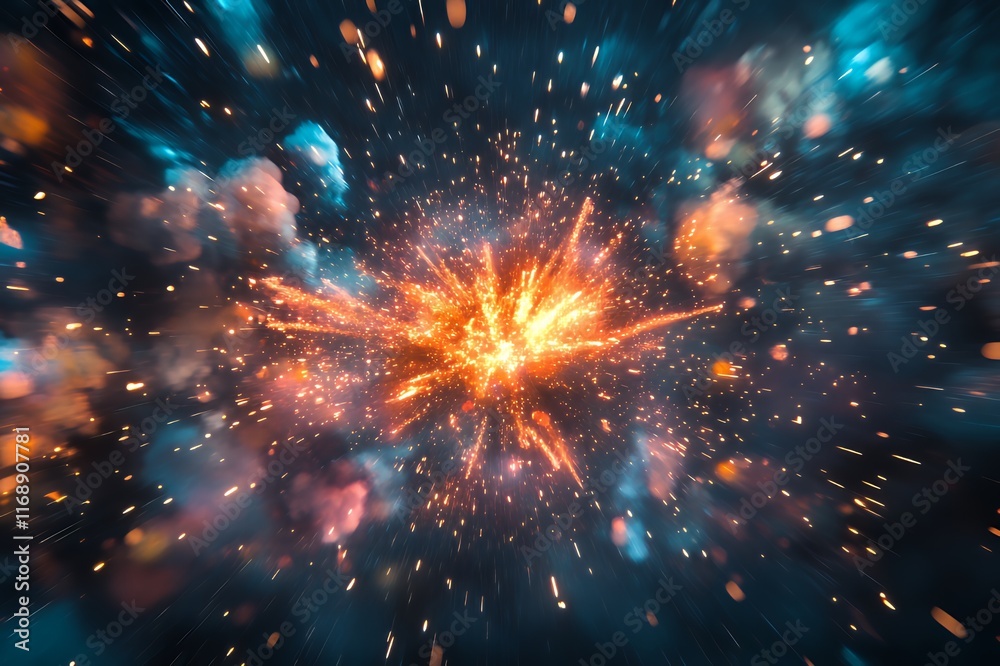 Fototapeta premium Fiery Explosion in Dark Space With Glowing Particles