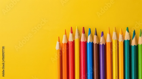 Pencils on paper, colored pencils for children on a plain yellow background, space for text, top view, stationery