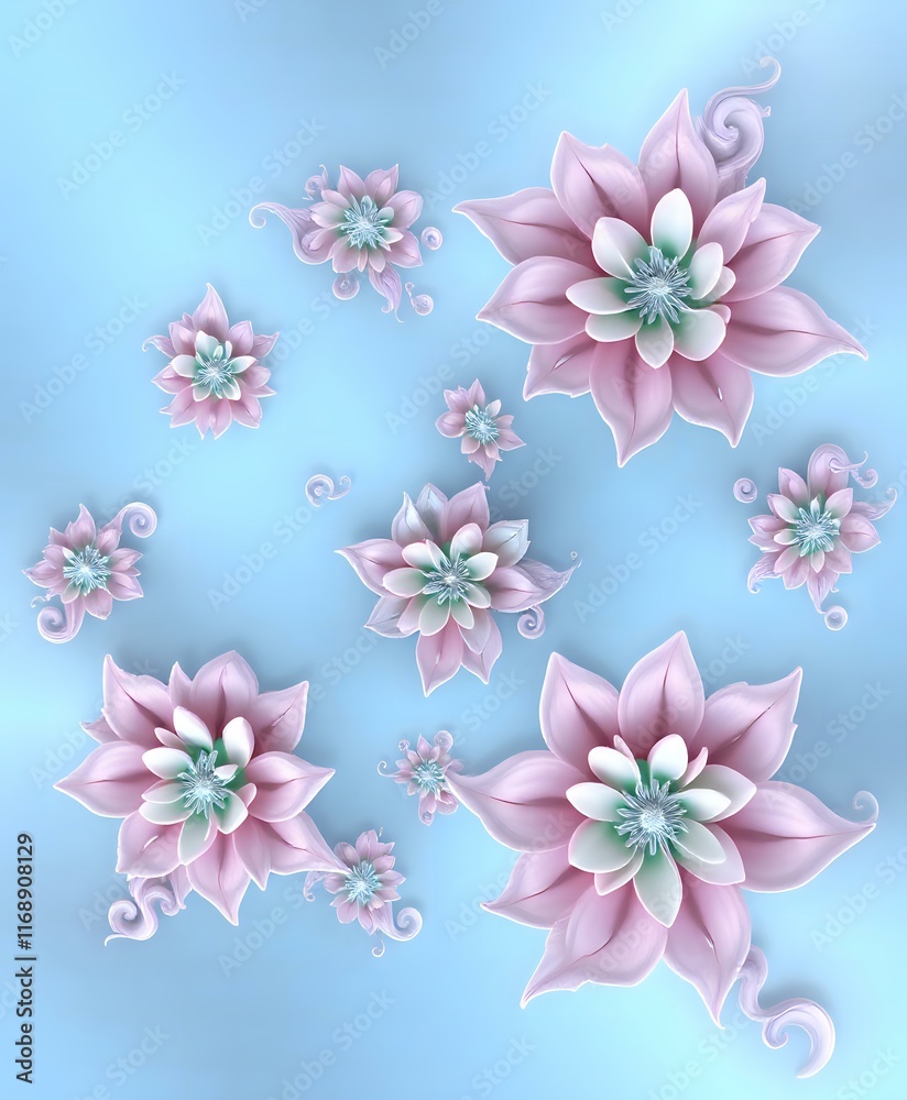 Fototapeta premium Whimsical Blooming Garden: Pastel Flowers in Serene Blue