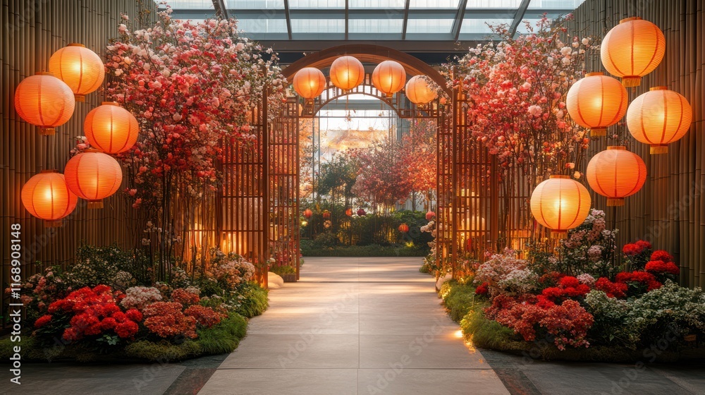 Illuminated pathway with blossom trees & lanterns. Illuminated pathway with blossom trees & lanterns.