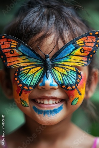 Child with colorful butterfly face paint smiling in a lush garden during a sunny day photo