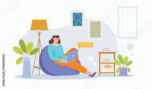 A cozy design depicting a woman working remotely with a laptop, promoting productivity and a relaxed work environment.