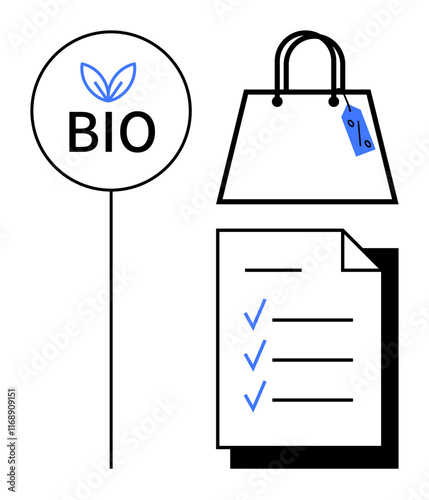 Organic bio label with leaves, shopping bag with tag, and checklist with checkmarks. Ideal for sustainability, eco-friendly products, organic shopping, green initiatives, responsible consumption