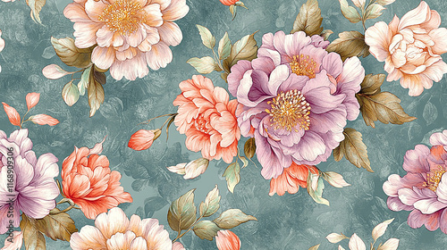 Seamless floral pattern with lilac peach and coral blossoms on teal textured background