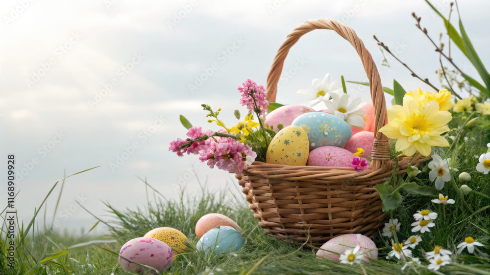 A wicker basket overflowing with colourful Easter eggs against a nature backdrop of flowers and greenery. This scene evokes feelings of joy, hope and celebration of spring A wicker basket overflowing with colourful Easter eggs against a nature backdrop of flowers and greenery. This scene evokes feelings of joy, hope and celebration of spring