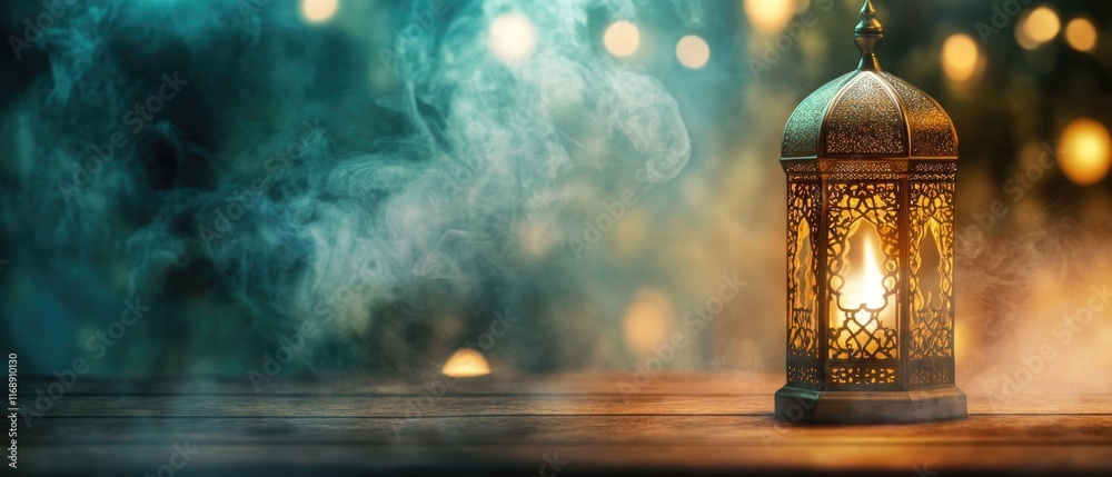 Ramadan Kareem greeting card design. Arabic Lantern glowing at night on table with smoke. Ramadan Kareem greeting card design. Arabic Lantern glowing at night on table with smoke.