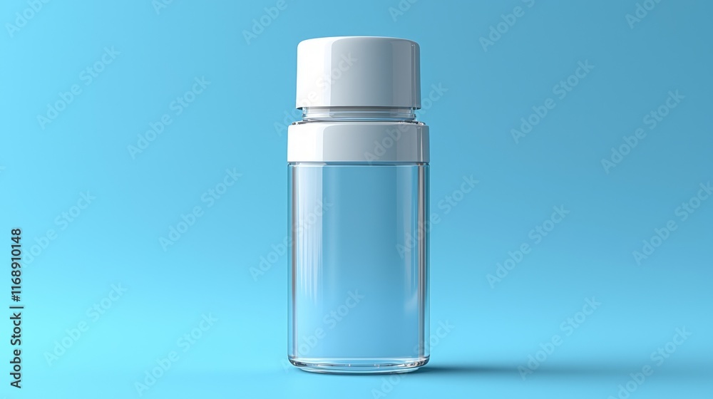 Clear glass bottle with white cap on blue background. Clear glass bottle with white cap on blue background.
