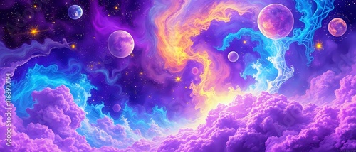 Cosmic Galaxy Odyssey: Vibrant Purple Sky with Celestial Bodies photo