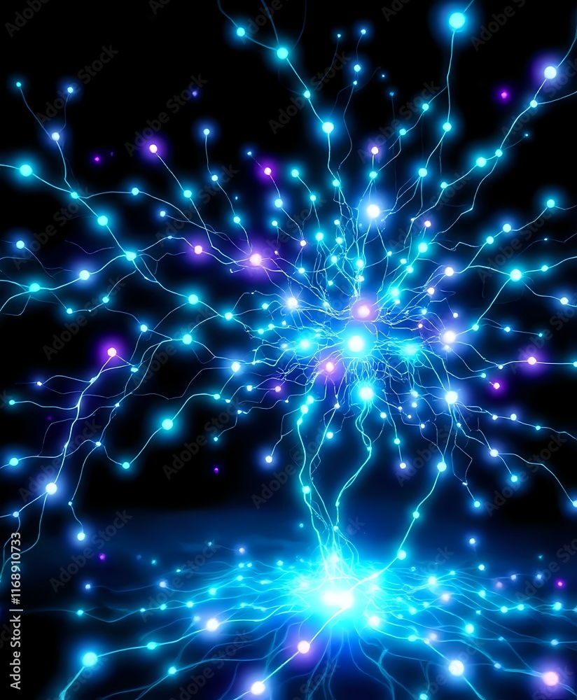 Fototapeta premium Bioluminescent Neural Network: Cybernetic Abstraction in Blue