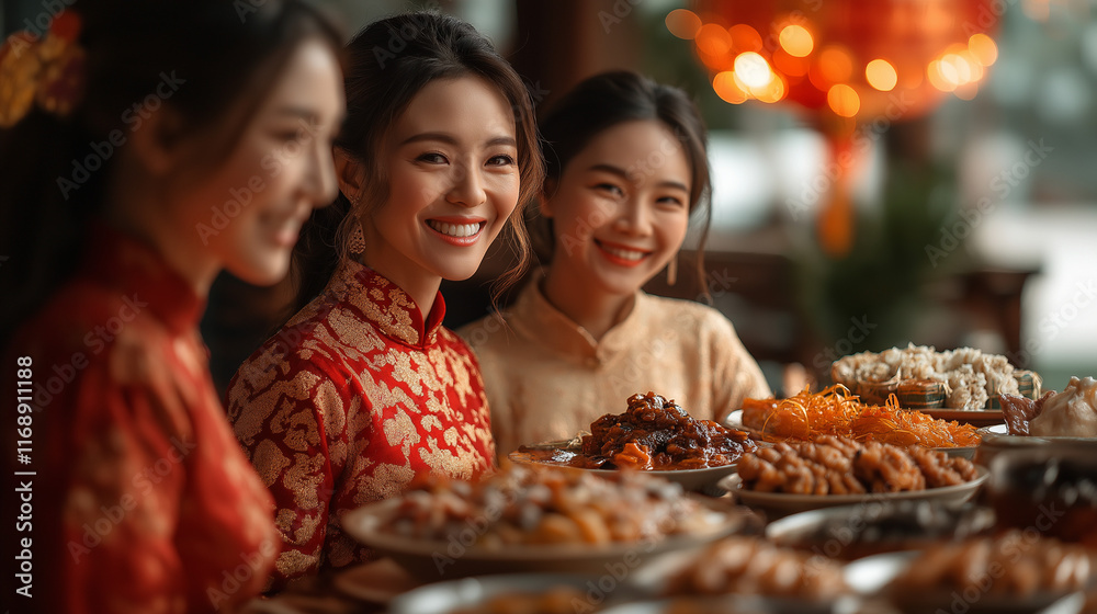 A family gathered around a table filled with traditional Chinese New Year dishes, joyful expressions, festive decorations in red and gold, warm and inviting atmosphere A family gathered around a table filled with traditional Chinese New Year dishes, joyful expressions, festive decorations in red and gold, warm and inviting atmosphere