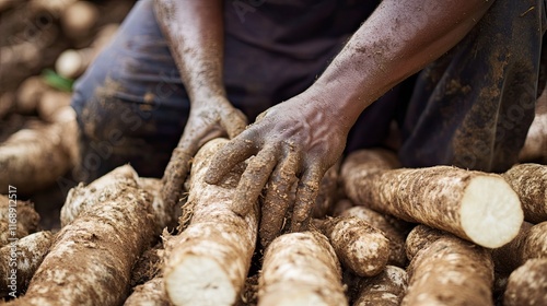 Farmer harvesting cassava roots in field. photo