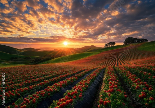 Breathtaking Landscape of Vibrant Tulip Fields Under a Golden Sunset in Rolling Hills with Dramatic Sky and Clouds