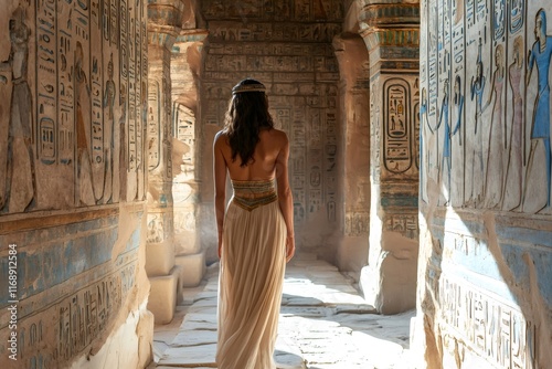 Princess walking through ancient egyptian temple corridor photo