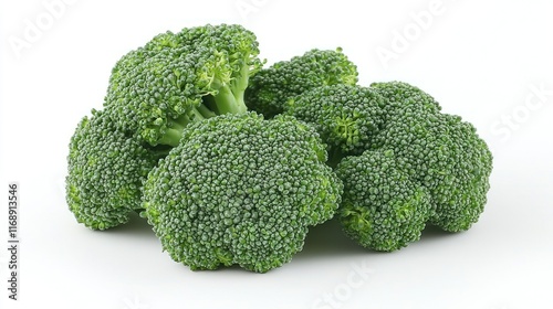 Fresh broccoli florets on white background.