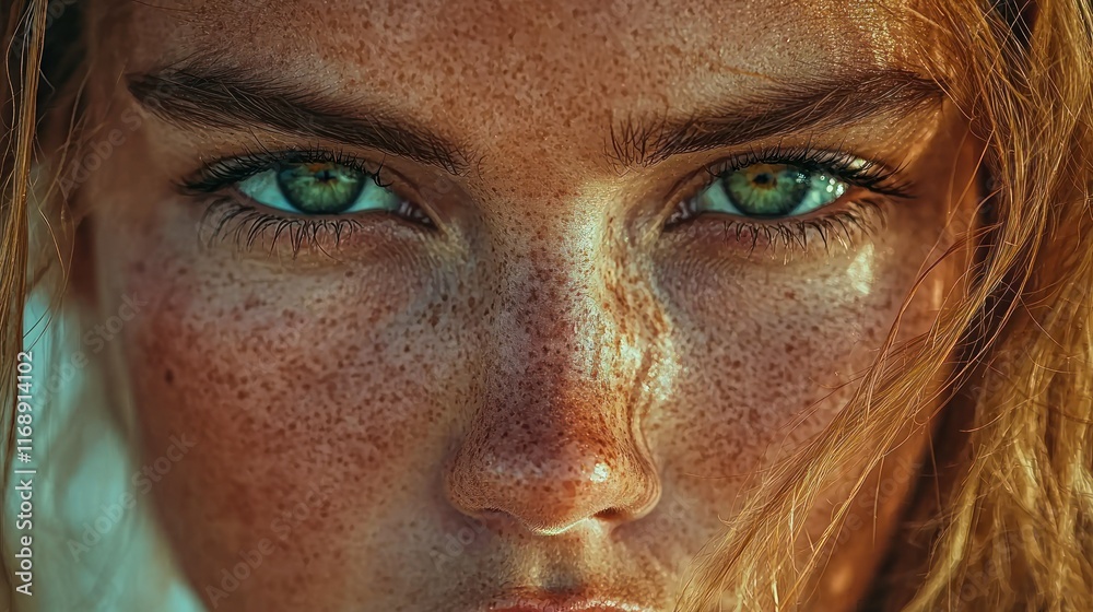 Fototapeta premium Freckled woman with green eyes gazes intensely outdoors.