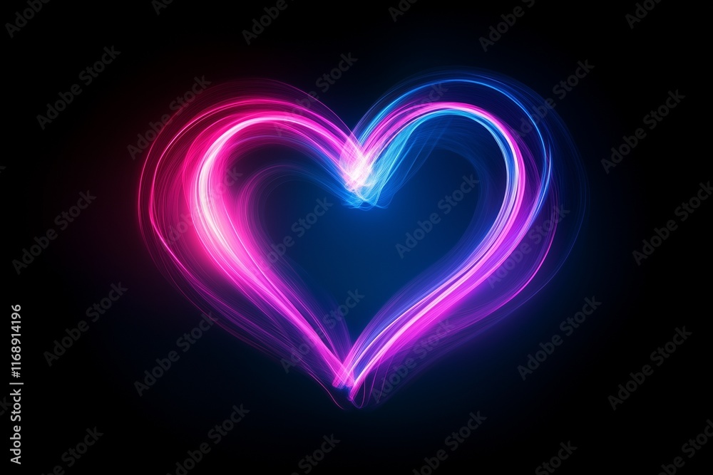 A vibrant heart shape created with pink and blue neon light lines on a dark black background A vibrant heart shape created with pink and blue neon light lines on a dark black background