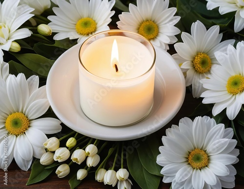 A table with a lit candle and white flowers, with a condolence message written in front