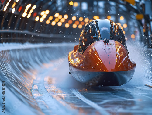 A detailed view of a bobsled racing down a track, with the sled and icy curves in sharp focus