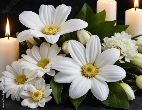 A table with a lit candle and white flowers, with a condolence message written in front