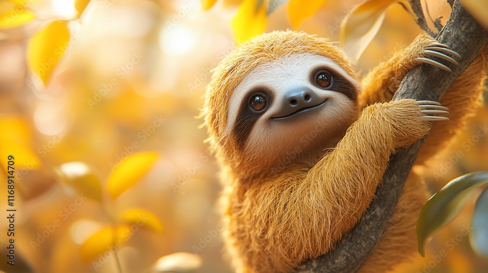 Fototapeta premium Adorable Sloth in Autumnal Embrace: A Digital Painting of a Three-Toed Sloth