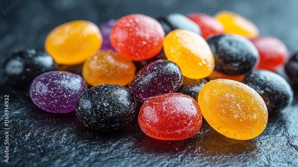 Close-up of colorful, round hard candies on a dark surface. Close-up of colorful, round hard candies on a dark surface.