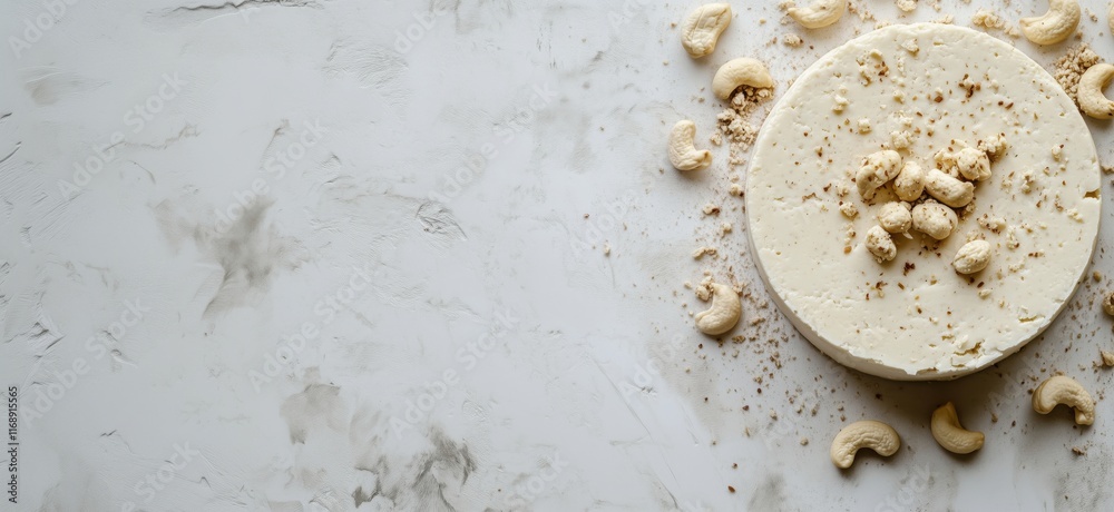 Cashew cheesecake topped with crushed cashews and scattered nuts on textured white background, copy space for text Cashew cheesecake topped with crushed cashews and scattered nuts on textured white background, copy space for text