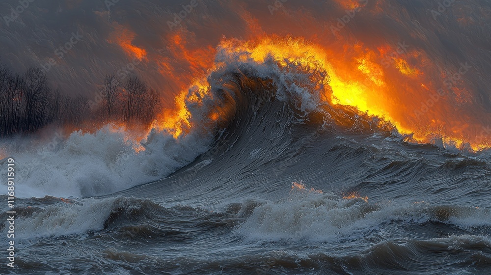 Fototapeta premium Giant wave crashing at sunset on lakeshore, stormy sky.
