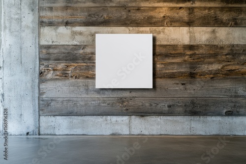 An empty white canvas hangs on a rustic wood and concrete wall, inviting creativity and reflection in a minimalist art environment. photo