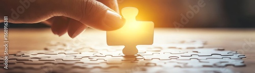 Closeup of hand placing final puzzle piece, completing the jigsaw puzzle image