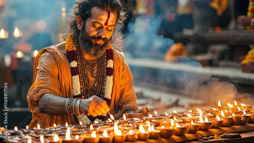 A man in an orange robe is lighting candles in a room