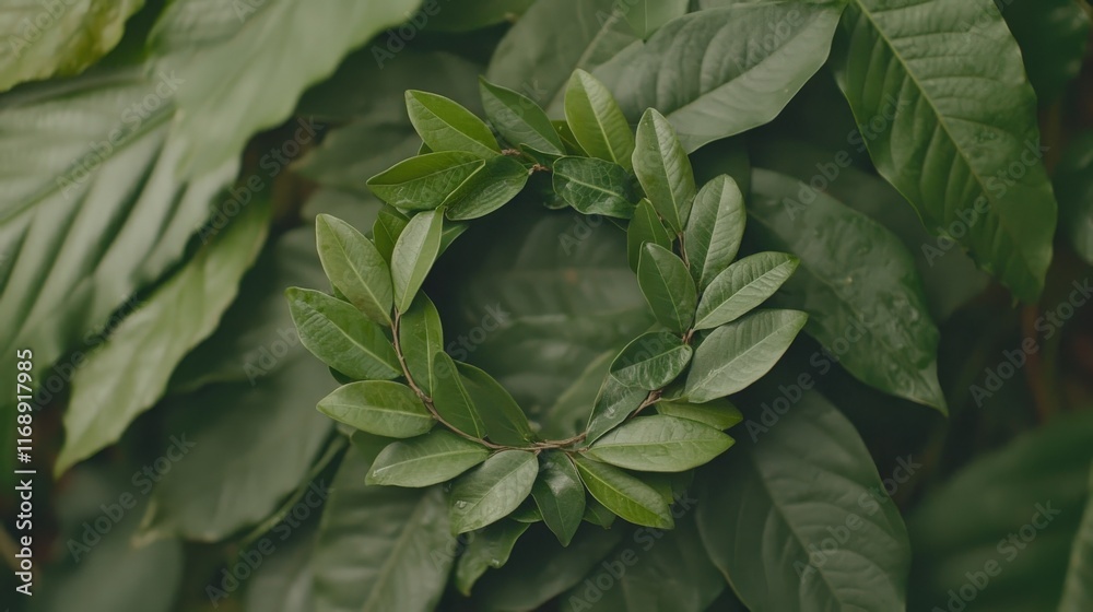 Fototapeta premium A circular arrangement of green leaves set against a backdrop of lush foliage, symbolizing nature and tranquility.