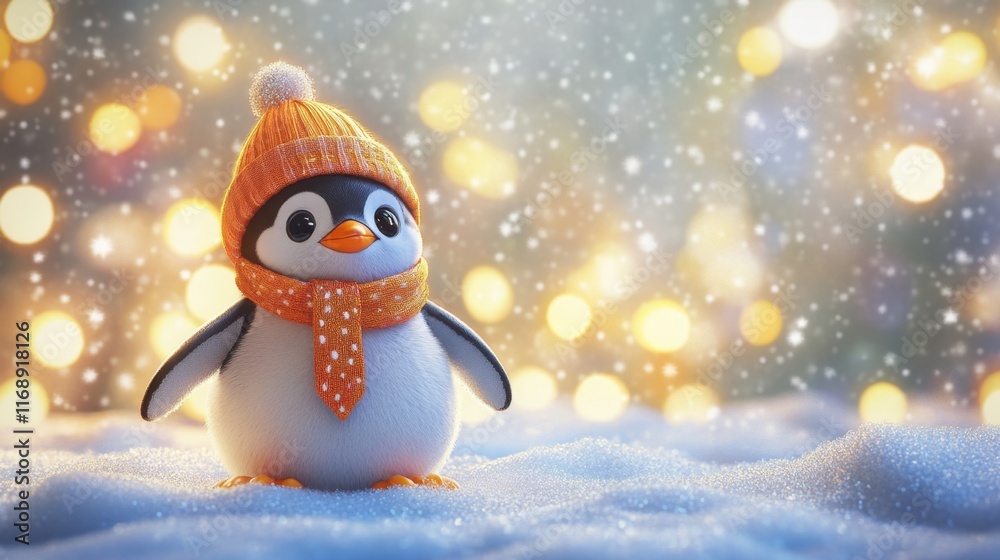 Cute Penguin with Hat and Scarf in Snowy Winter Wonderland Scene