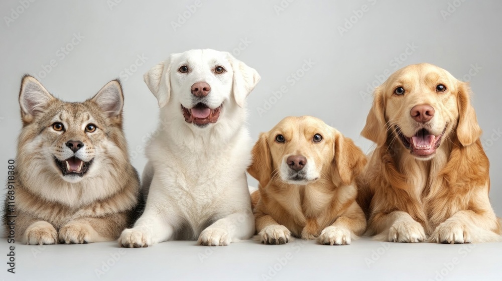 Four happy dogs and a cat sit side by side, showcasing their friendly expressions against a neutral background. Four happy dogs and a cat sit side by side, showcasing their friendly expressions against a neutral background.