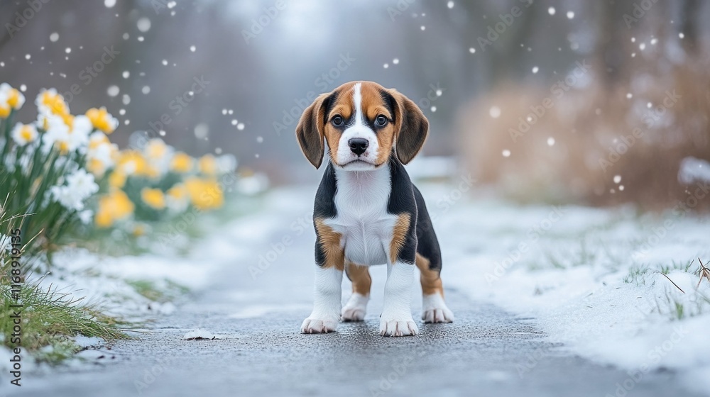 A beagle puppy standing on a snowy path, surrounded by blooming flowers, with gentle snowfall creating a serene, picturesque atmosphere. A beagle puppy standing on a snowy path, surrounded by blooming flowers, with gentle snowfall creating a serene, picturesque atmosphere.