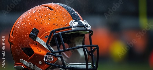 Cleveland Browns football helmet with rain droplets, showcasing vibrant orange color and sleek design, symbolizing team spirit and resilience, copy space for text photo