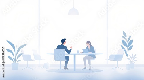 A modern flat design illustration of a business meeting in a soft, dreamy atmosphere. The scene is hazy with soft light, employing simple two-dimensional shapes