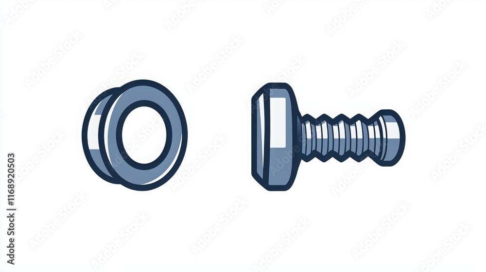 Stainless steel cap head bolt with washer and wireframe icon isolated on white background. Vector building and repair, construction detail, fixing tool. Grade stainless steel bolt, fixing Stainless steel cap head bolt with washer and wireframe icon isolated on white background. Vector building and repair, construction detail, fixing tool. Grade stainless steel bolt, fixing