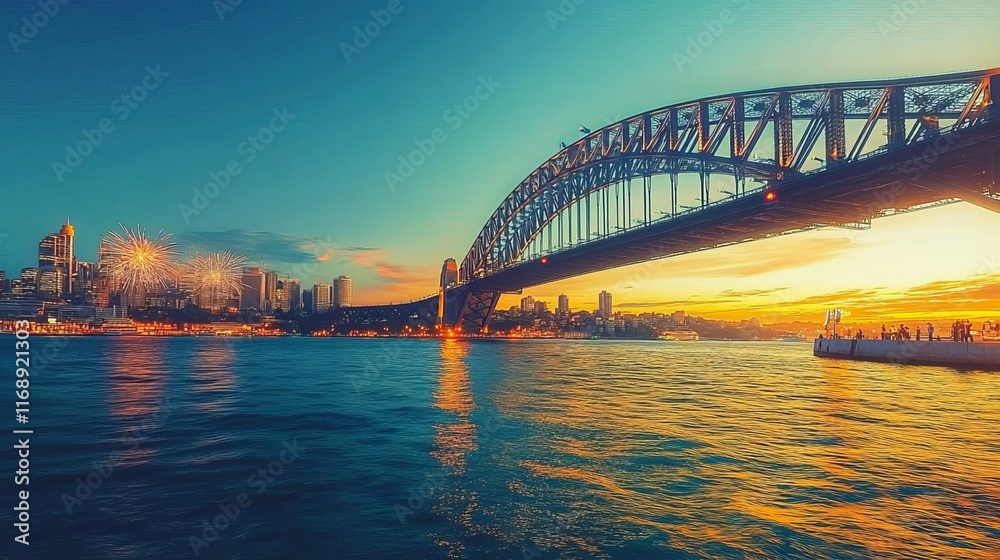 Obraz premium The Sydney Harbour Bridge and Opera House serve as a stunning backdrop for the vibrant fireworks display that illuminates the skies of Sydney, Australia on New Year's Eve