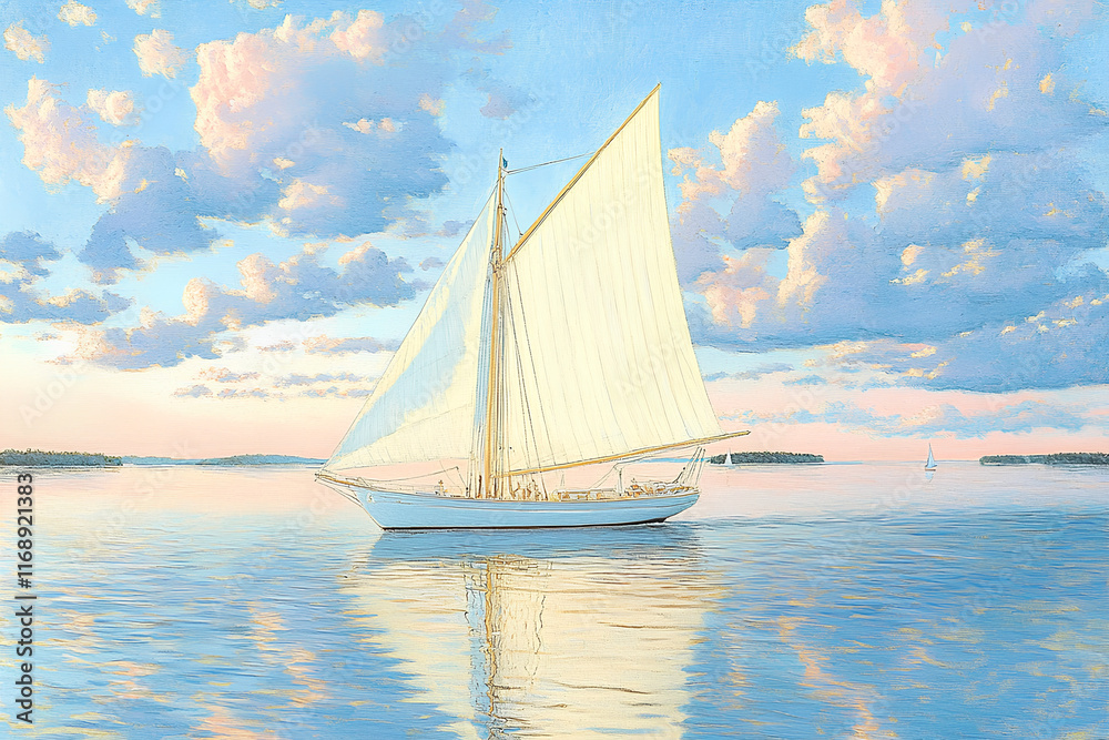 Fototapeta premium Sailboat gliding across calm waters at sunset with vibrant clouds reflecting on the surface