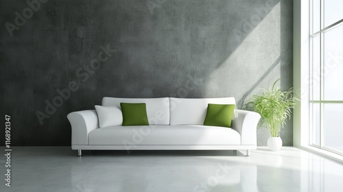 White couch with natural light from the window, comfortable sitting and cozy atmosphere. photo