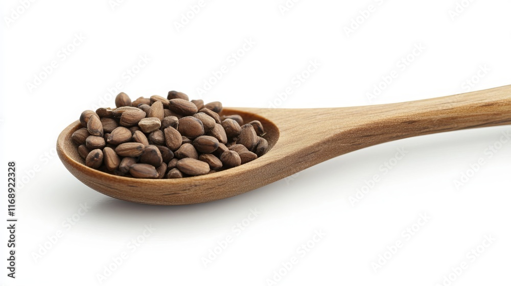 Obraz premium Toasted almonds exude an aromatic fragrance as they rest within a wooden spoon, isolated against a pristine white backdrop. 