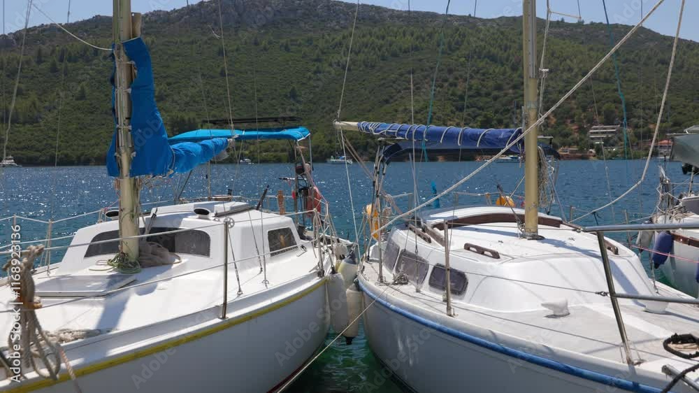 Two small white boats are docked next to each other in a body of water Two small white boats are docked next to each other in a body of water