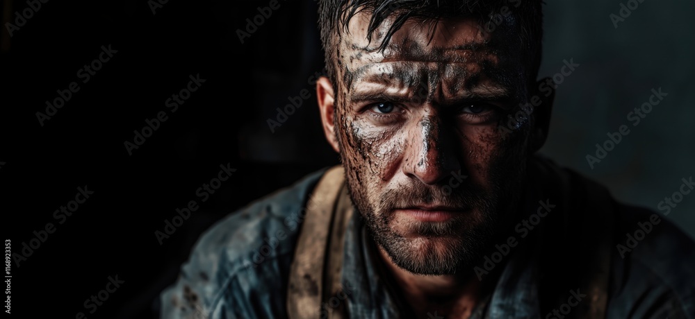 Intense portrait of a rugged, battle-worn man with dirt and grime on face, showcasing resilience and determination, copy space for text Intense portrait of a rugged, battle-worn man with dirt and grime on face, showcasing resilience and determination, copy space for text